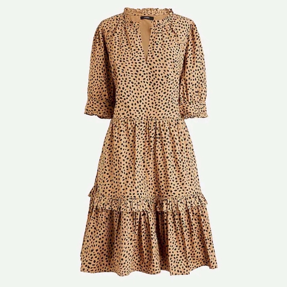 J.Crew Ruffleneck Tiered Popover Dress in Leopard Dot Size S